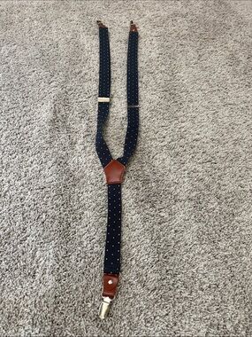 Boy’s Navy Polka Dot Suspenders with Brown Leather Accents